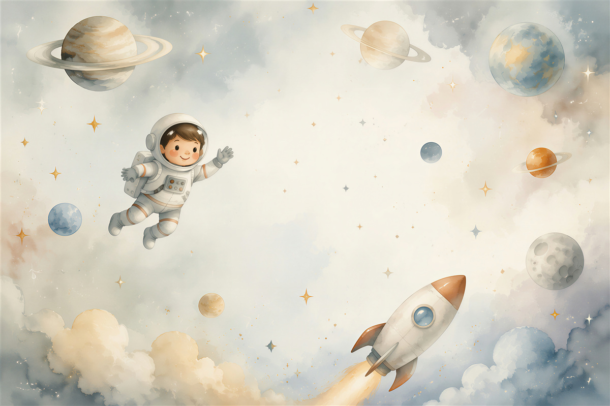 Fototapeta Chłopiec z astronautą, rakietą i planetą