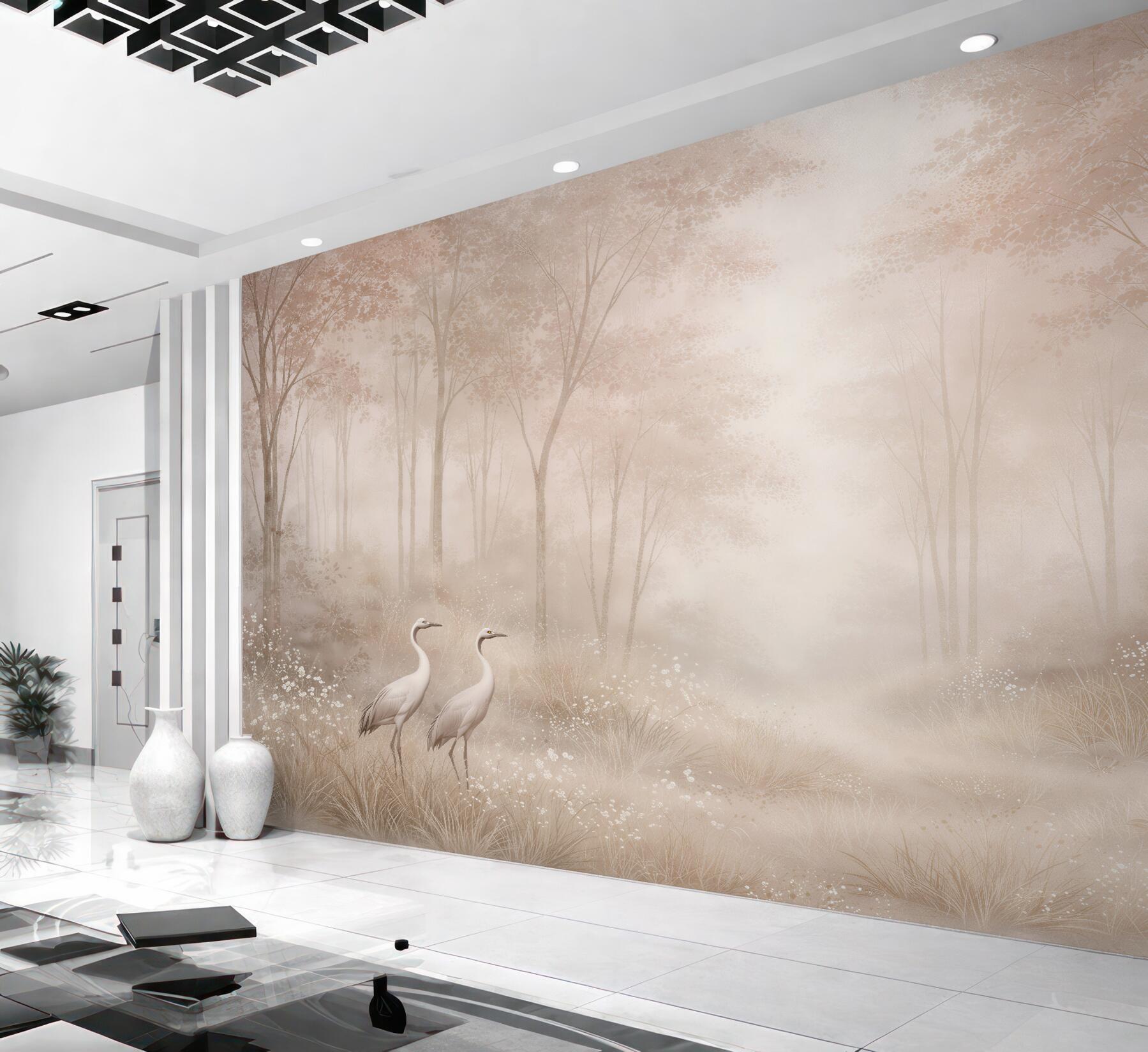Fototapeta Leśna polana z żurawiami we mgle?v23