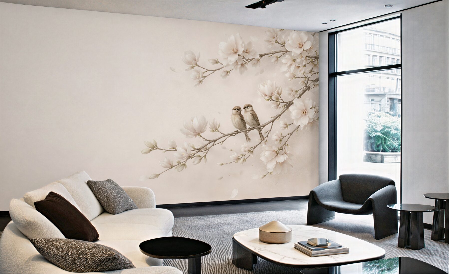Fototapeta magnolie z ptaszkami w beżu?v23