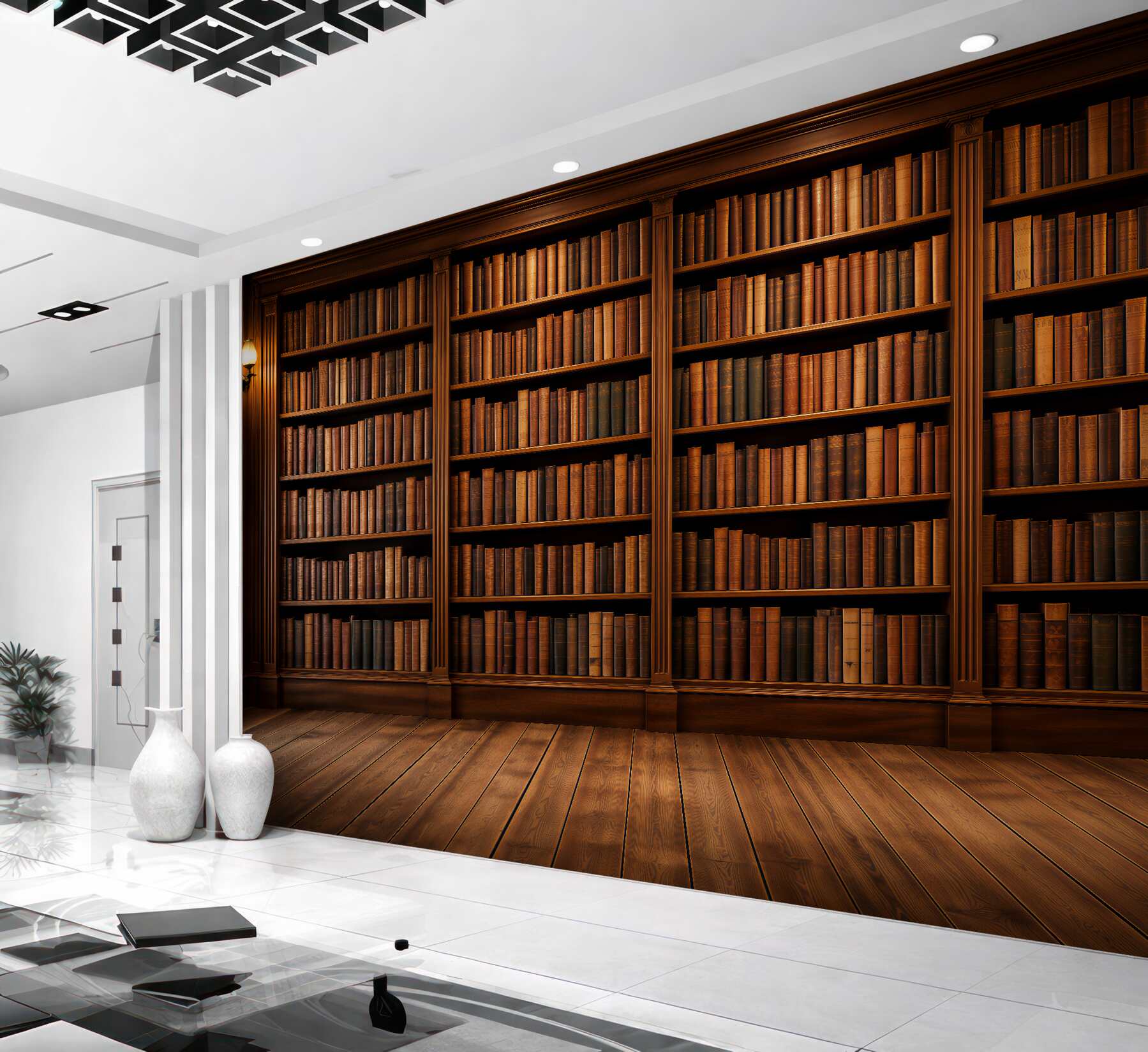 Fototapeta klasyczna biblioteka z drewnianymi regałami?v23