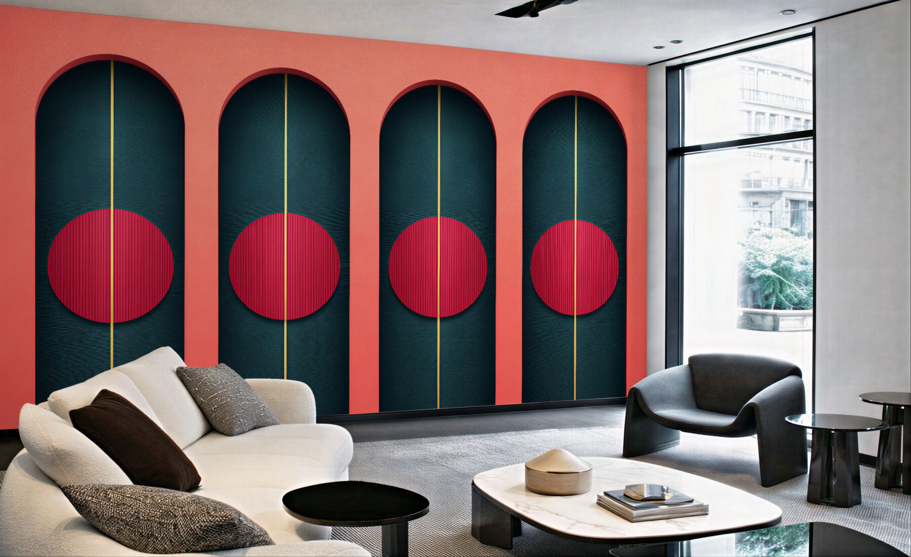 Fototapeta geometryczne arkady z czerwonym akcentem?v23