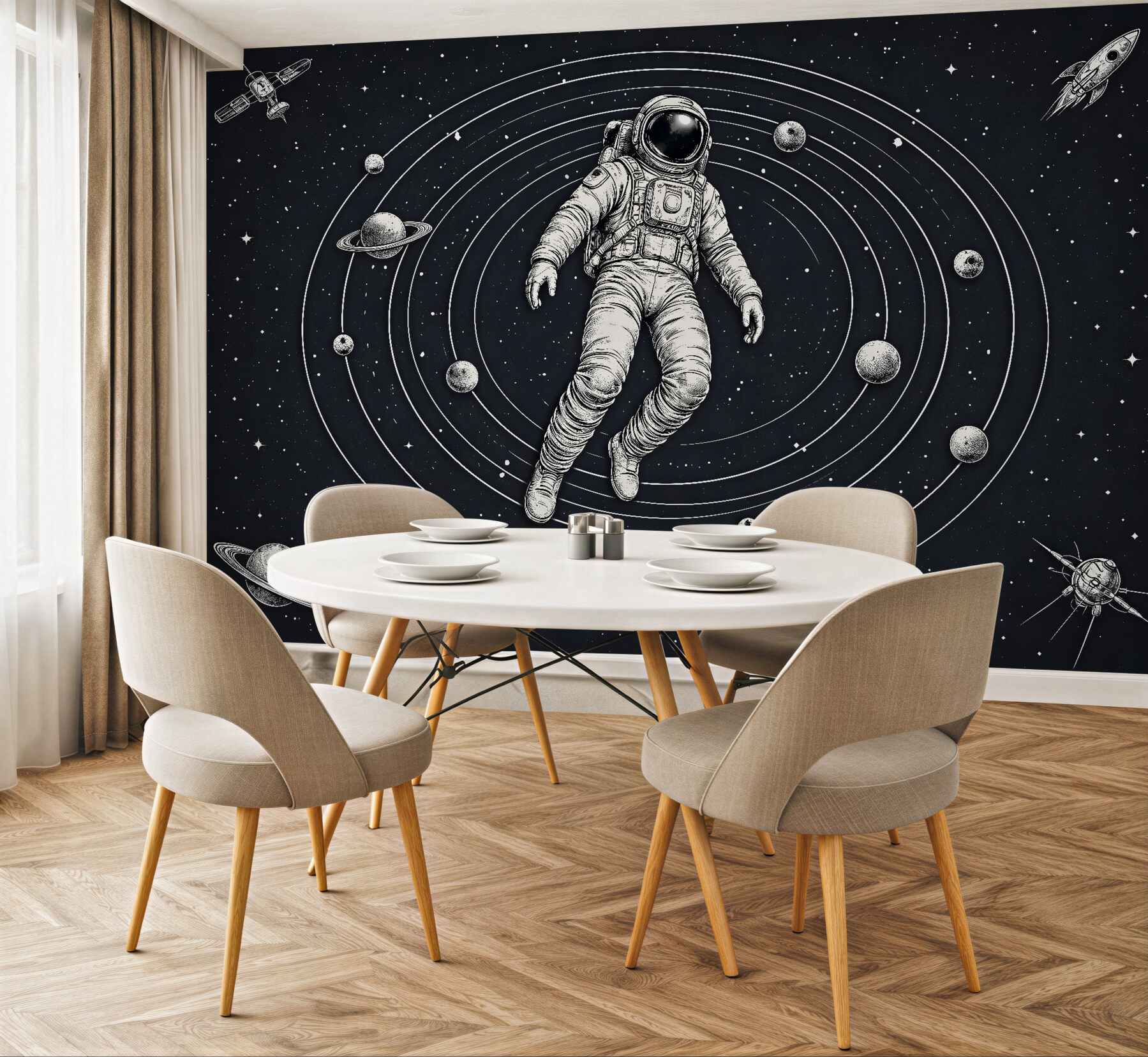Fototapeta astronauta wśród planet retro?v23