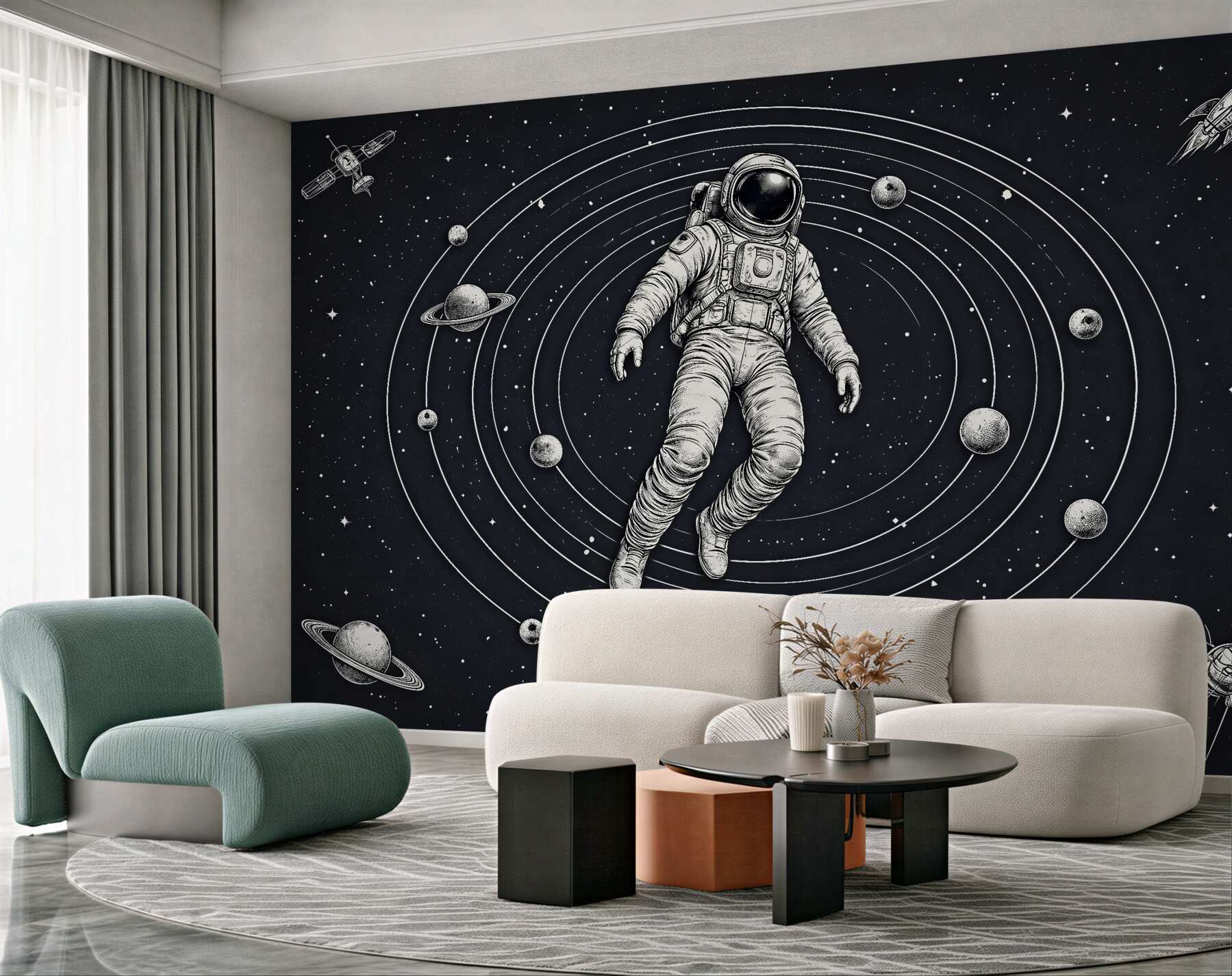 Fototapeta astronauta wśród planet retro?v23