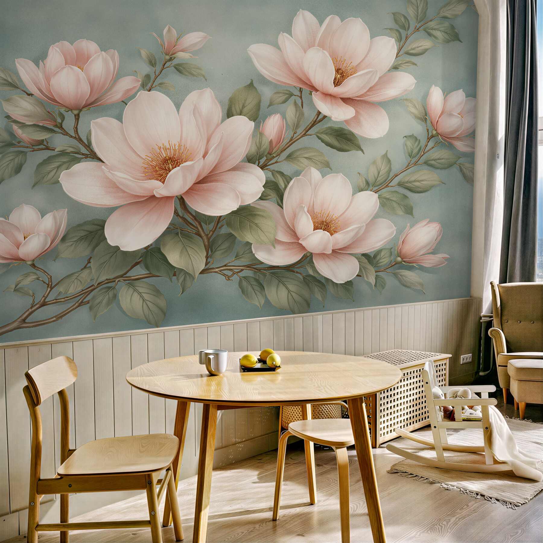 Fototapeta pudrowe magnolie na turkusowym tle?v23