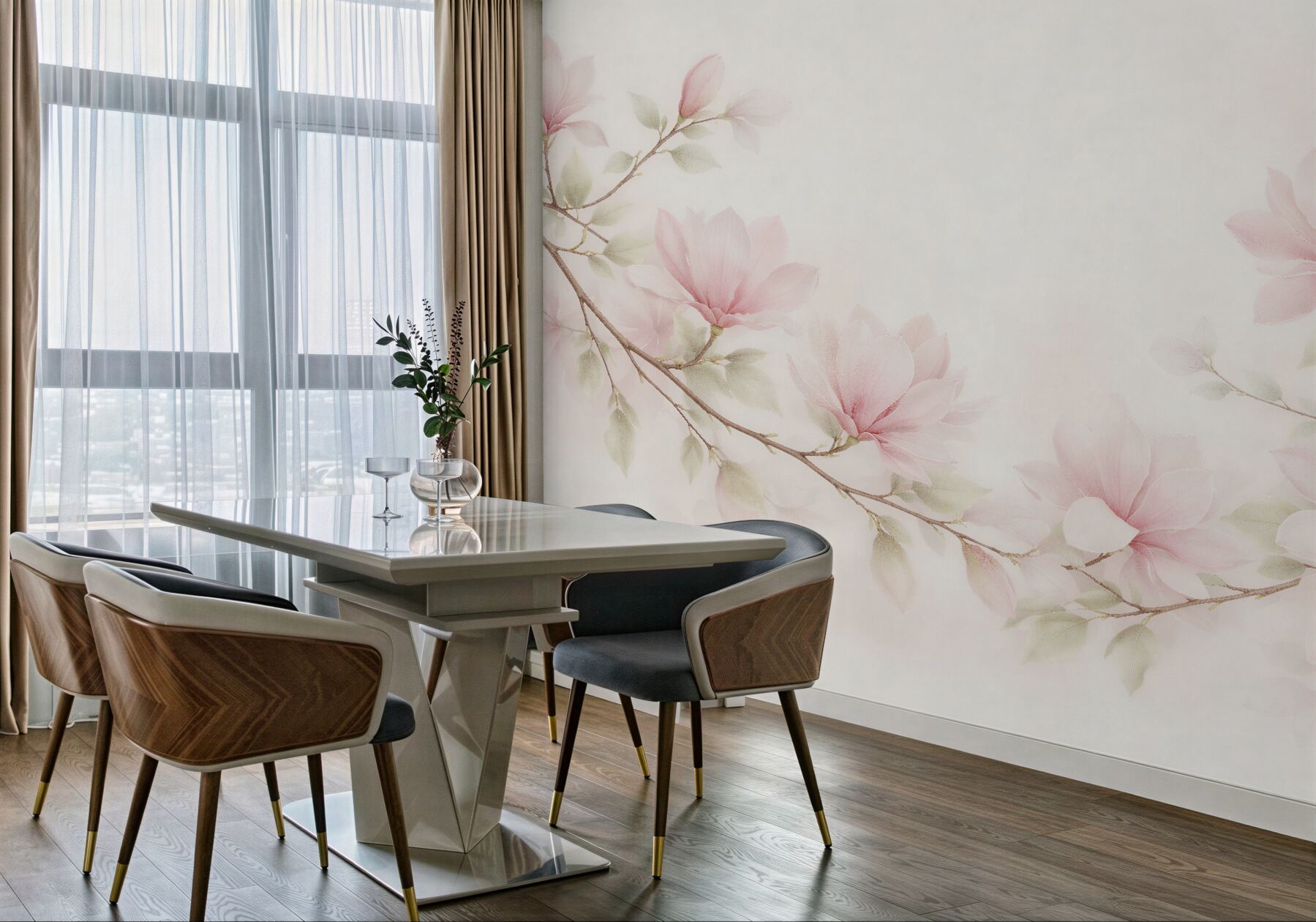 Fototapeta pastelowe magnolie na subtelnych gałązkach?v23