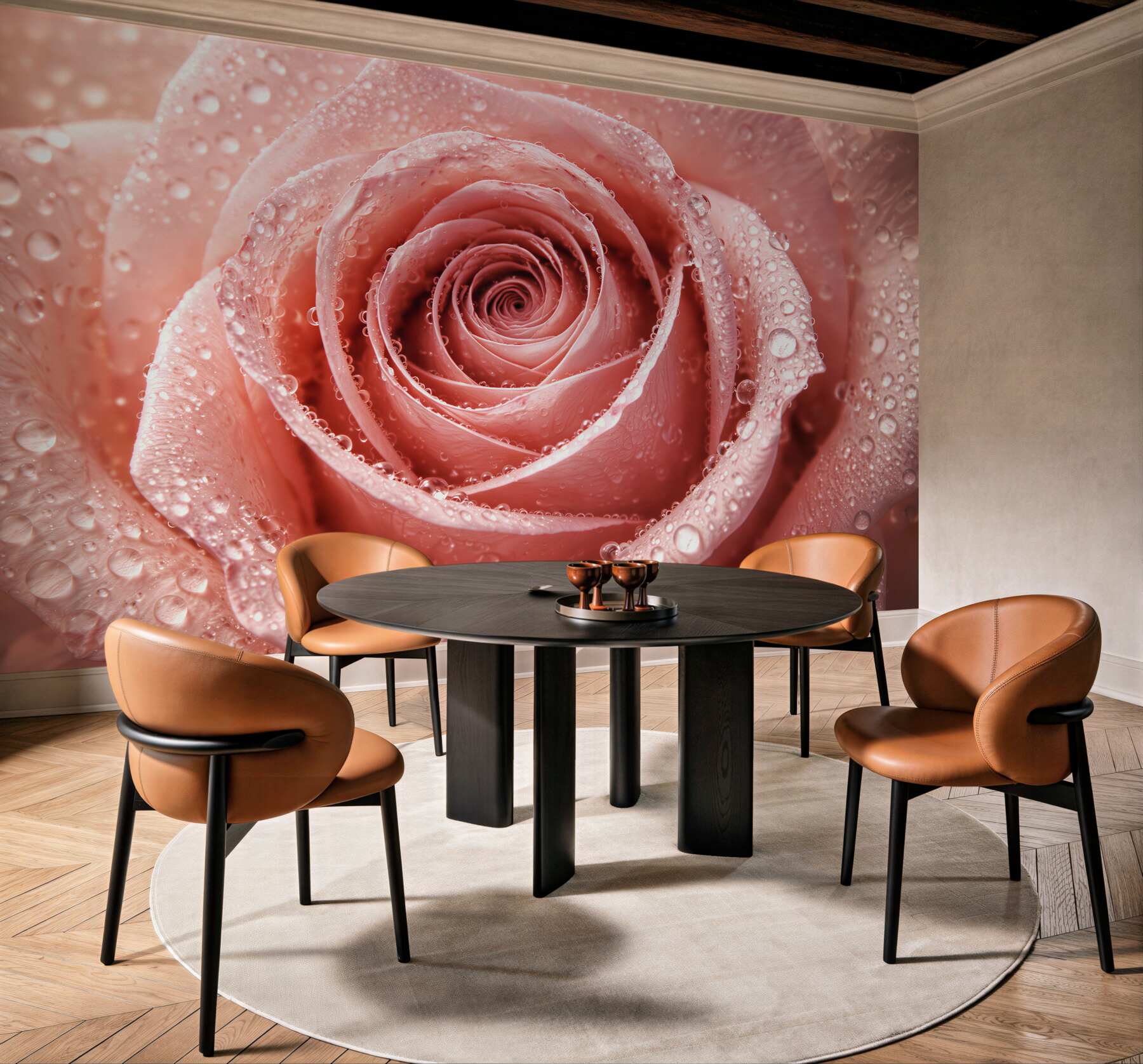 Fototapeta pudrowa róża w kroplach rosy?v23