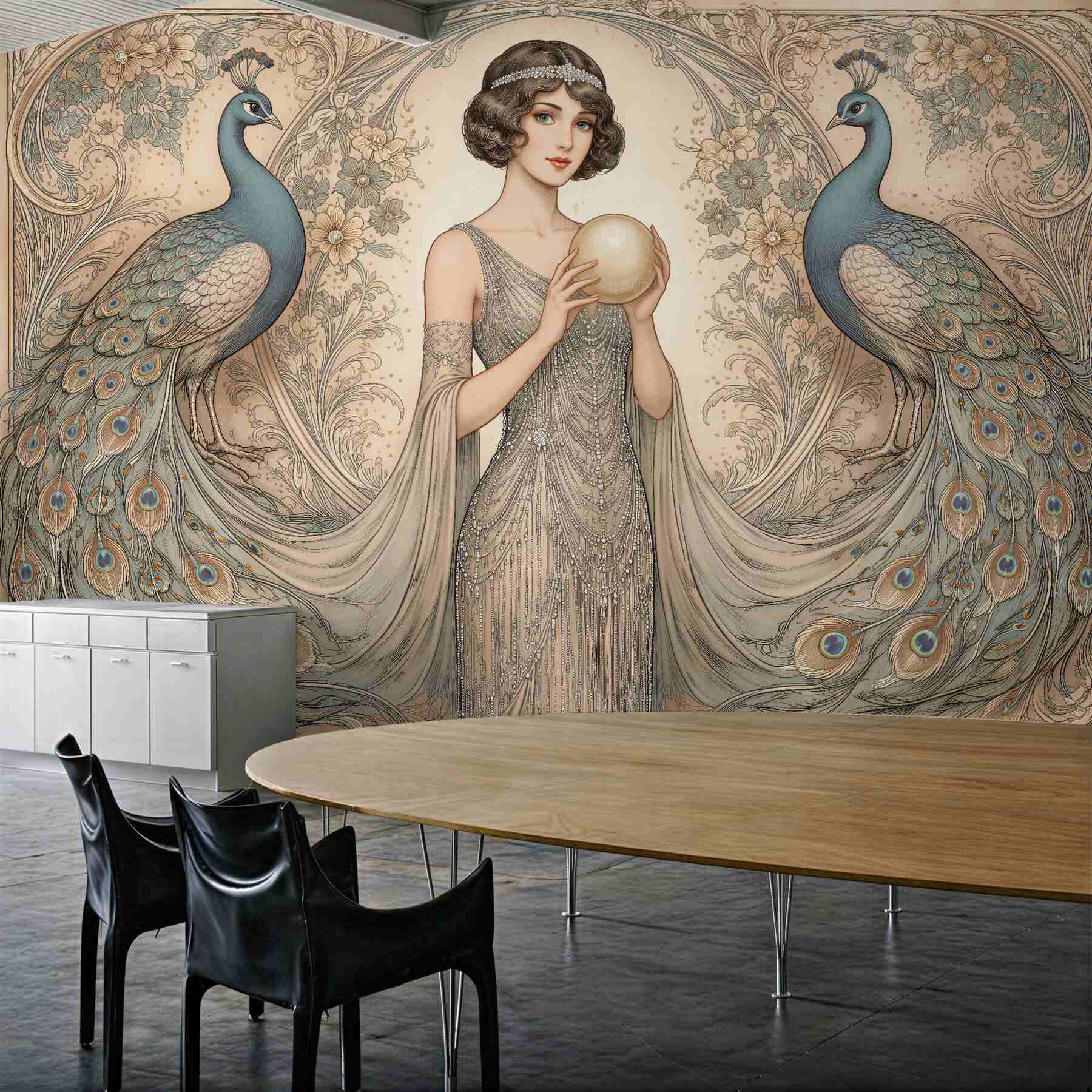 Fototapeta pawie i dama art déco?v23