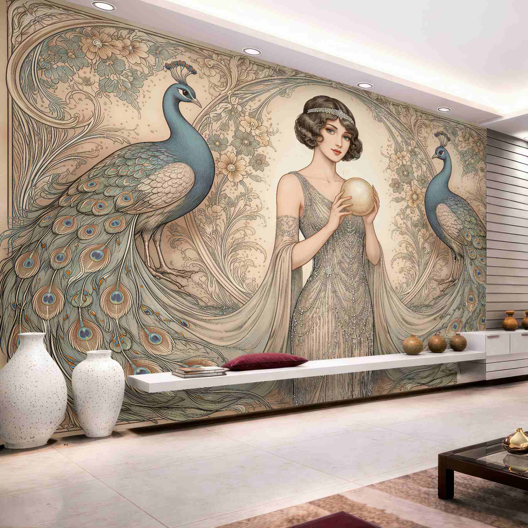 Fototapeta pawie i dama art déco?v23