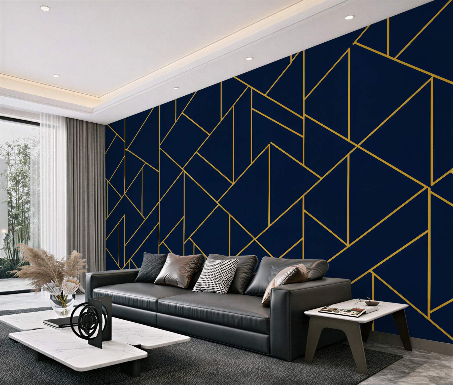 Fototapeta granatowa geometria ze złotą linią?v23