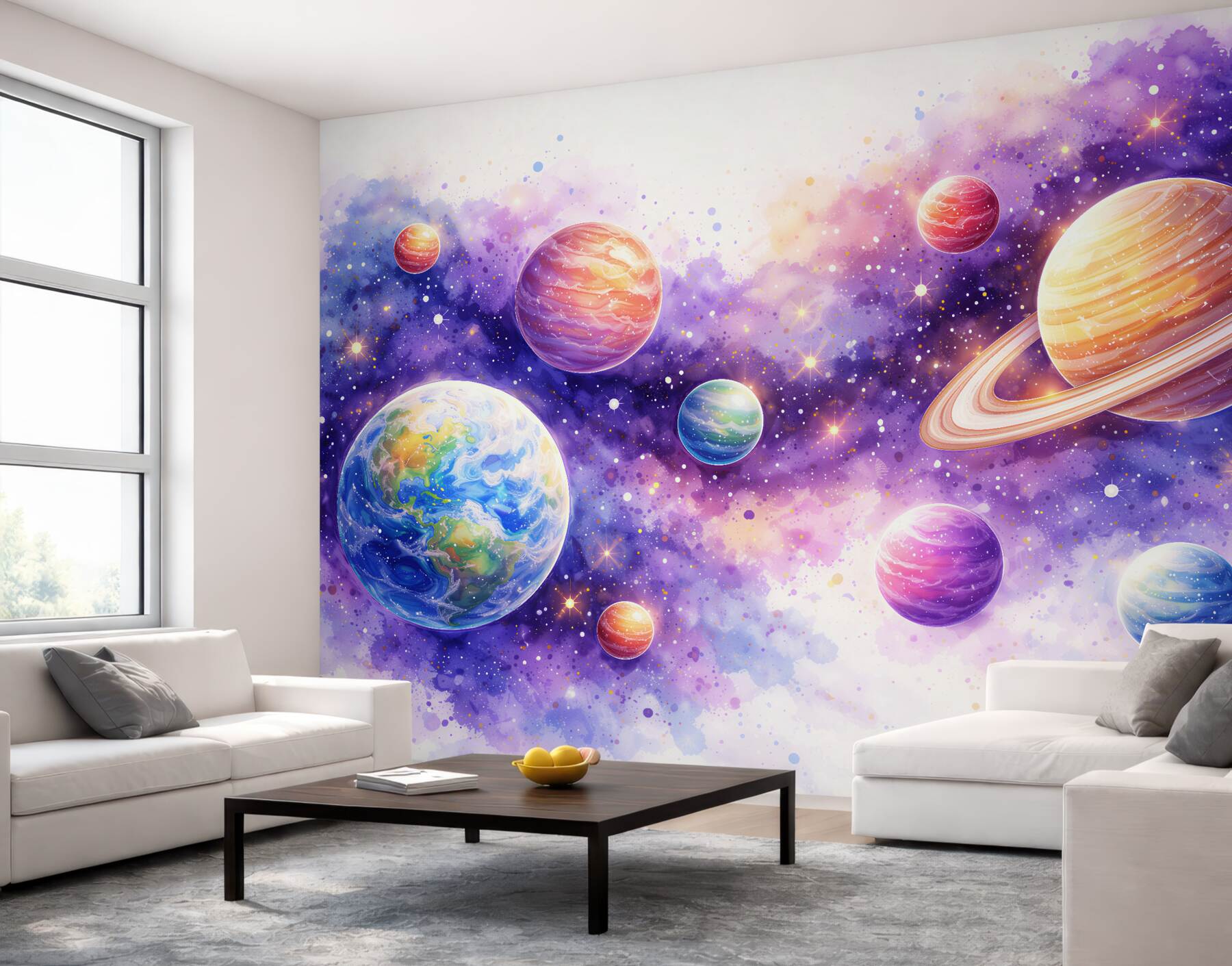 Fototapeta akwarelowe planety w fioletowym kosmosie?v23