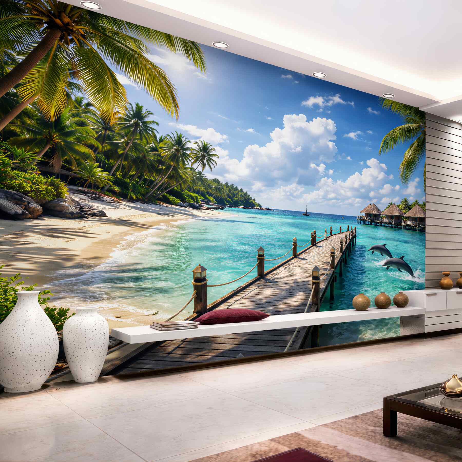 Fototapeta rajska plaża z delfinami?v23
