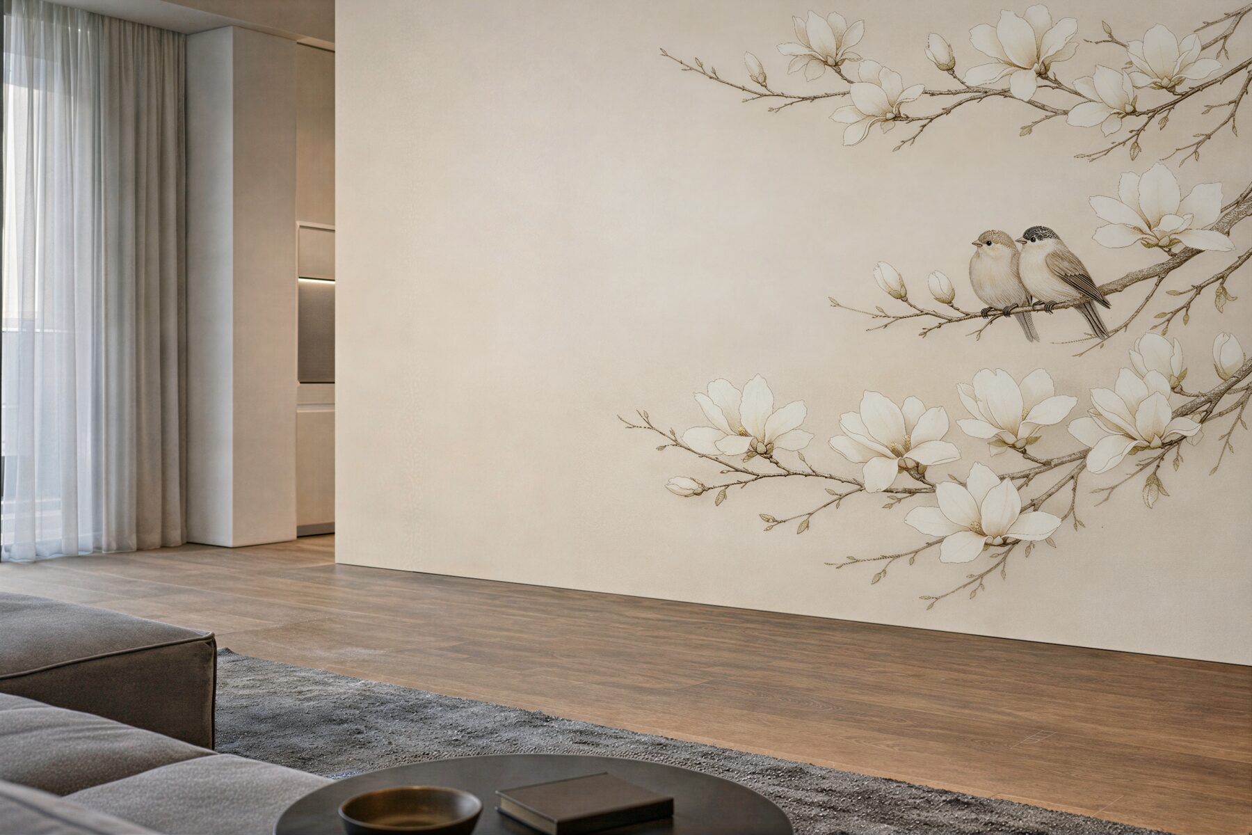 Fototapeta magnolie z ptaszkami w beżu?v23