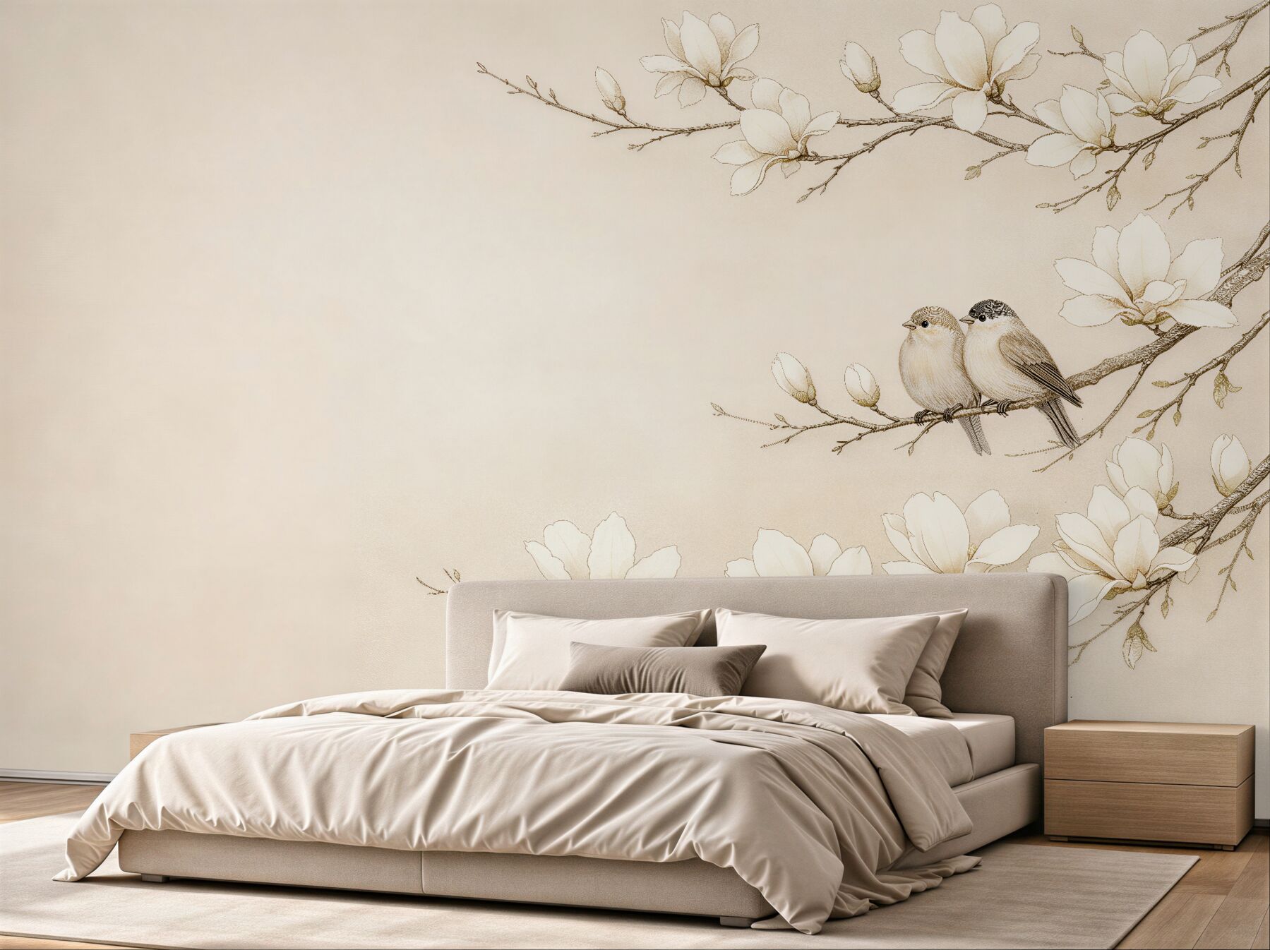 Fototapeta magnolie z ptaszkami w beżu?v23