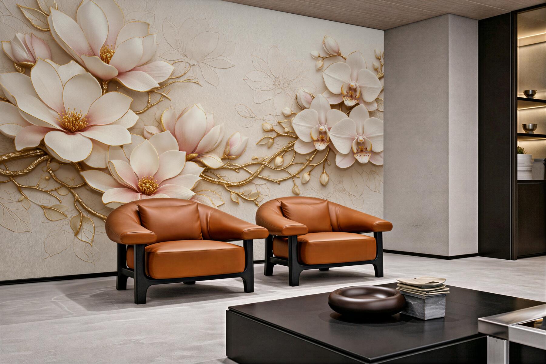 Fototapeta złote magnolie i orchidee glamour?v23