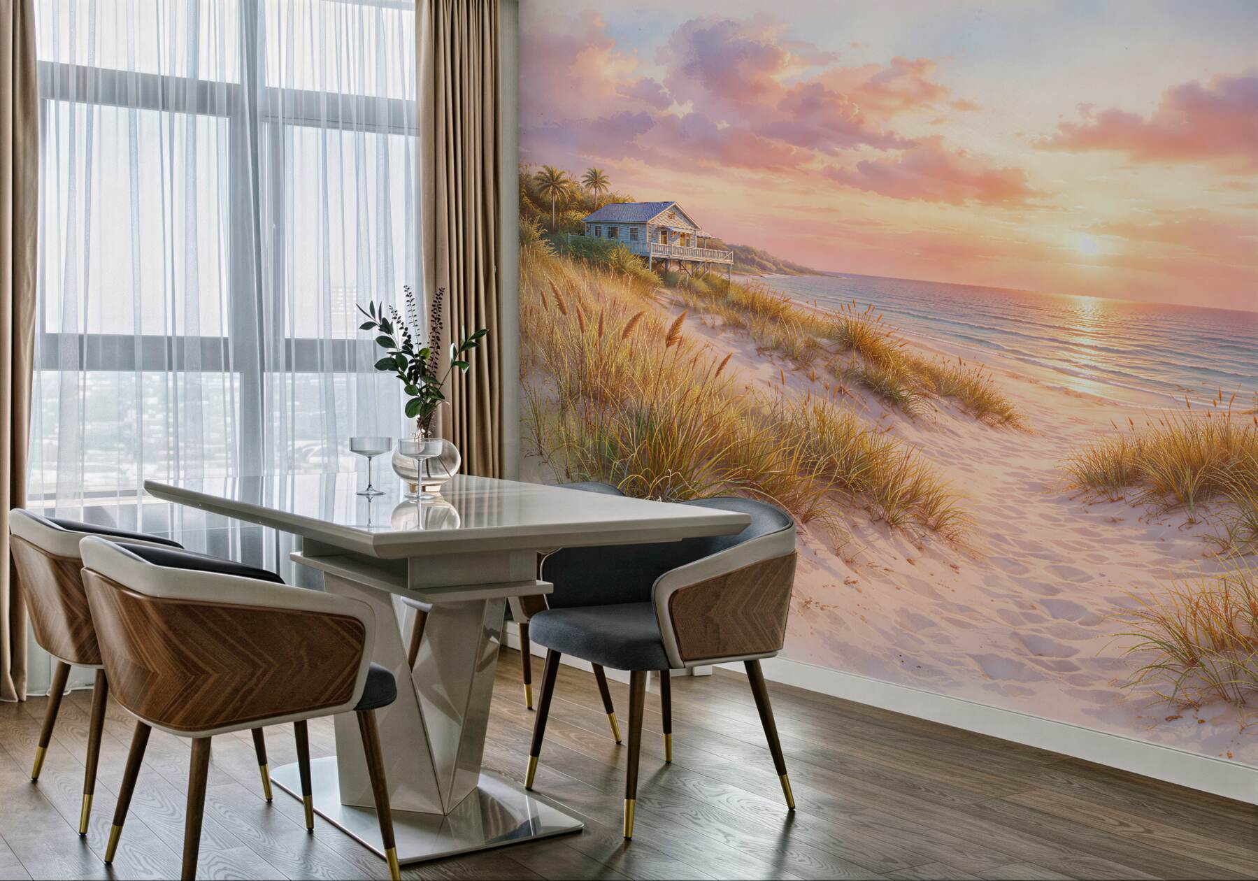 Fototapeta różowy zachód nad plażą?v23