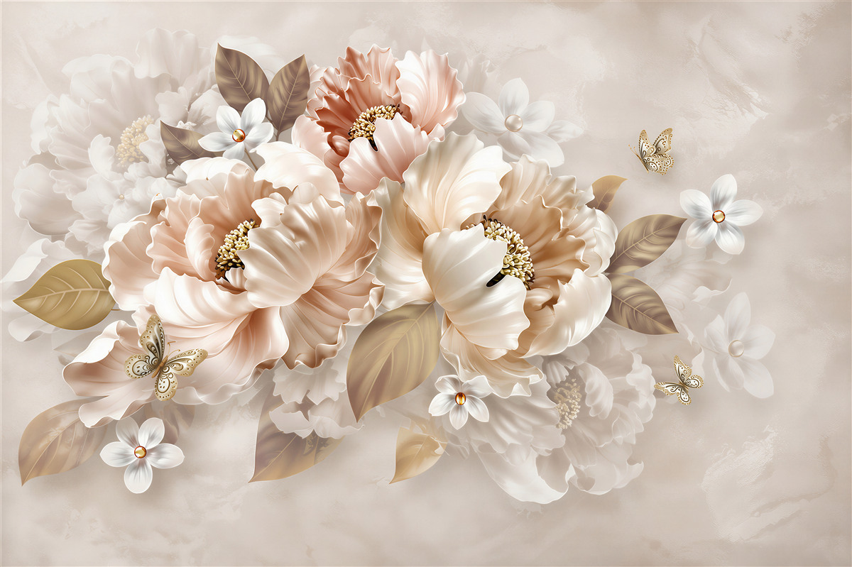 Fototapeta kwiaty peonie beżowe z motylem elegancka do sypialni