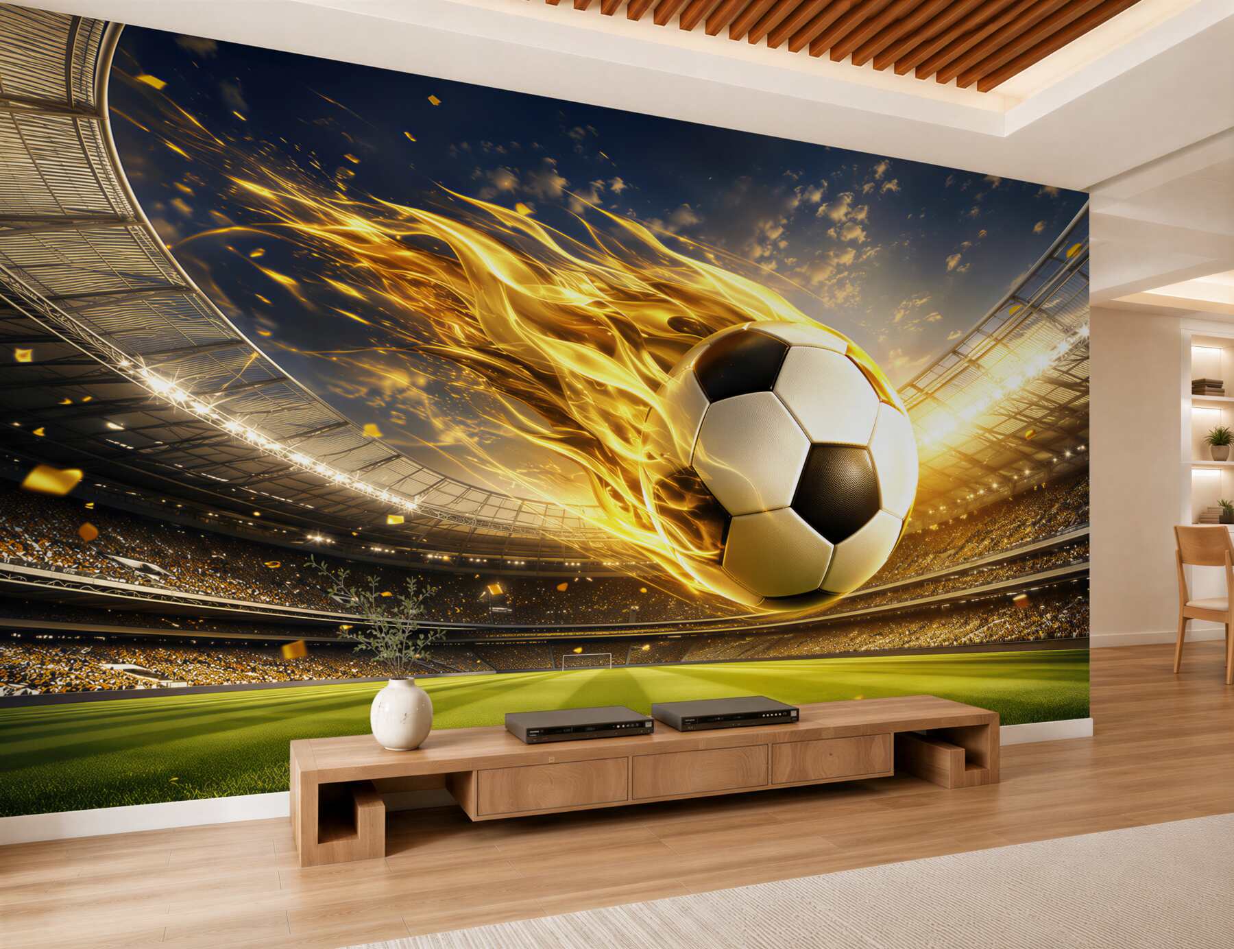 Fototapeta piłka nożna w ogniu dynamiczna beżowo złota do pokoju fana sportu?v23