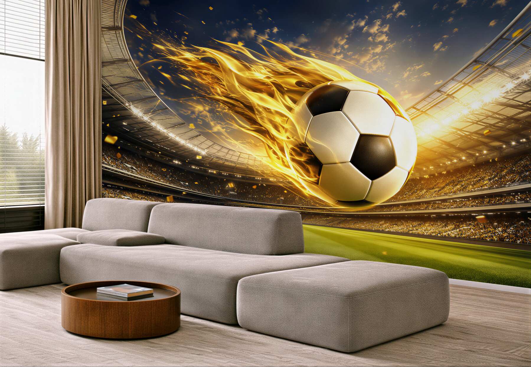 Fototapeta piłka nożna w ogniu dynamiczna beżowo złota do pokoju fana sportu?v23