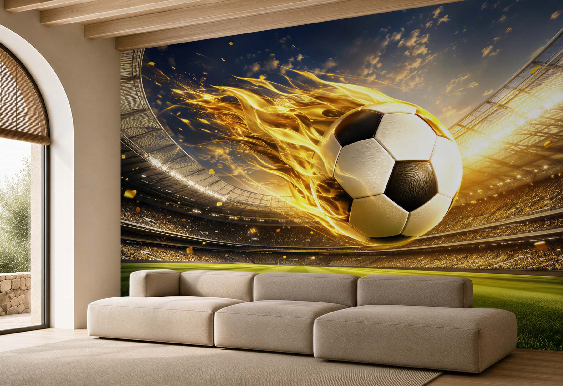 Fototapeta piłka nożna w ogniu dynamiczna beżowo złota do pokoju fana sportu?v23