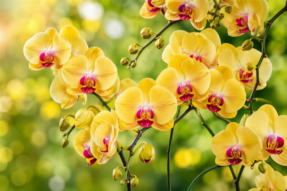 Fototapeta żółte orchidee w letnim ogrodzie