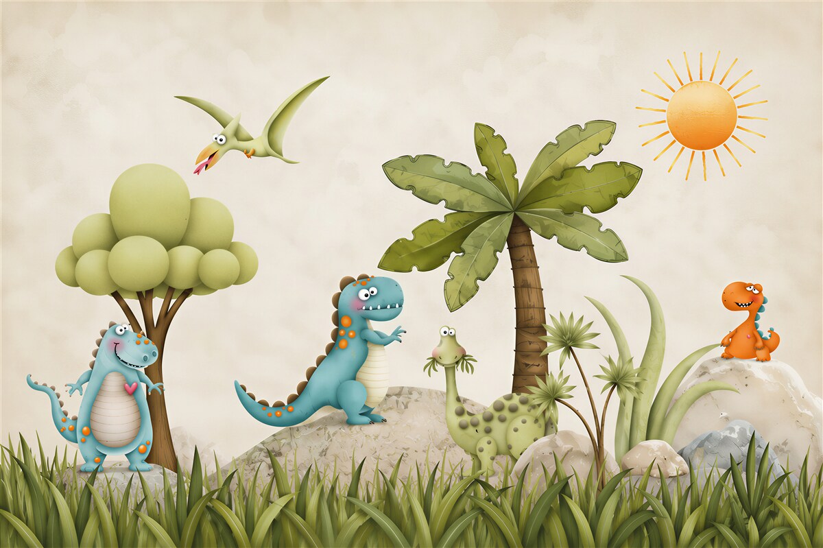 Fototapeta kreskówkowe dinozaury w lesie