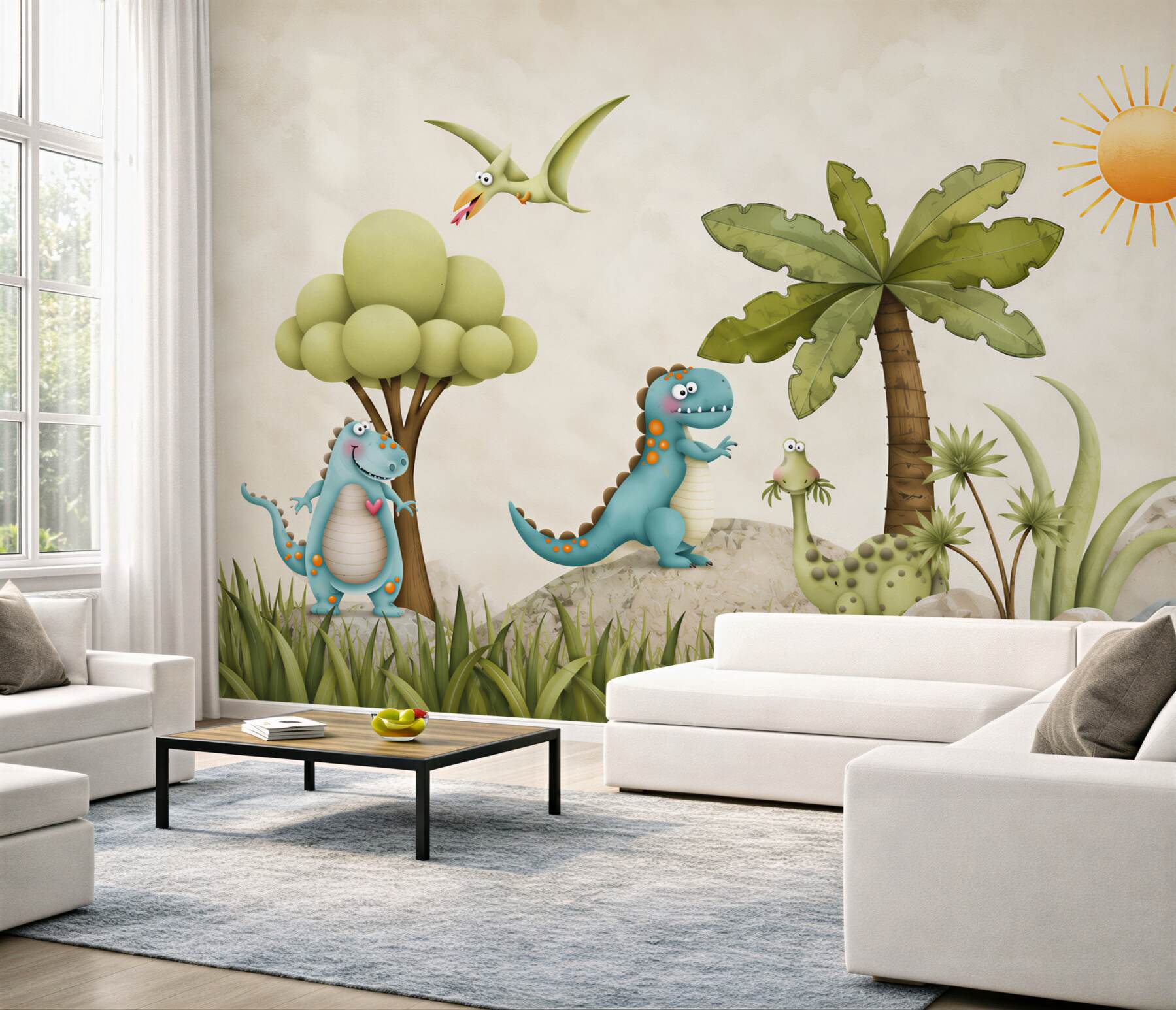 Fototapeta kreskówkowe dinozaury w lesie?v23