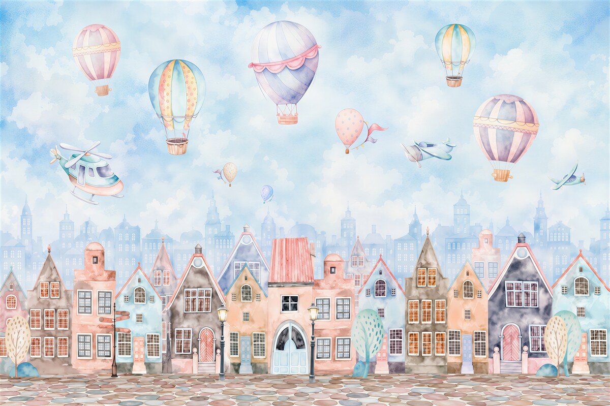 Fototapeta balony nad kolorowymi domami
