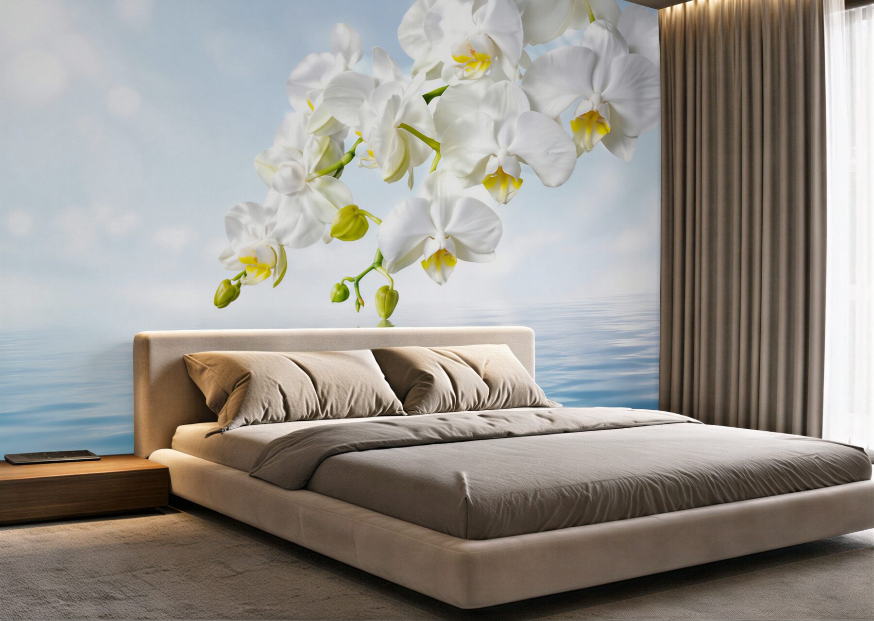Fototapeta gałąź białej orchidei w pobliżu spokojnej wody?v23
