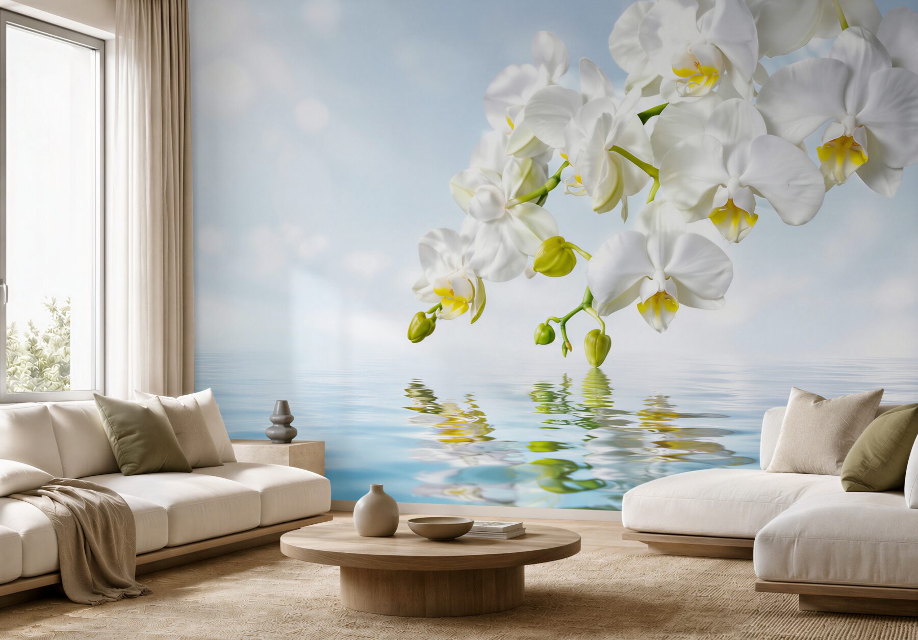Fototapeta gałąź białej orchidei w pobliżu spokojnej wody?v23