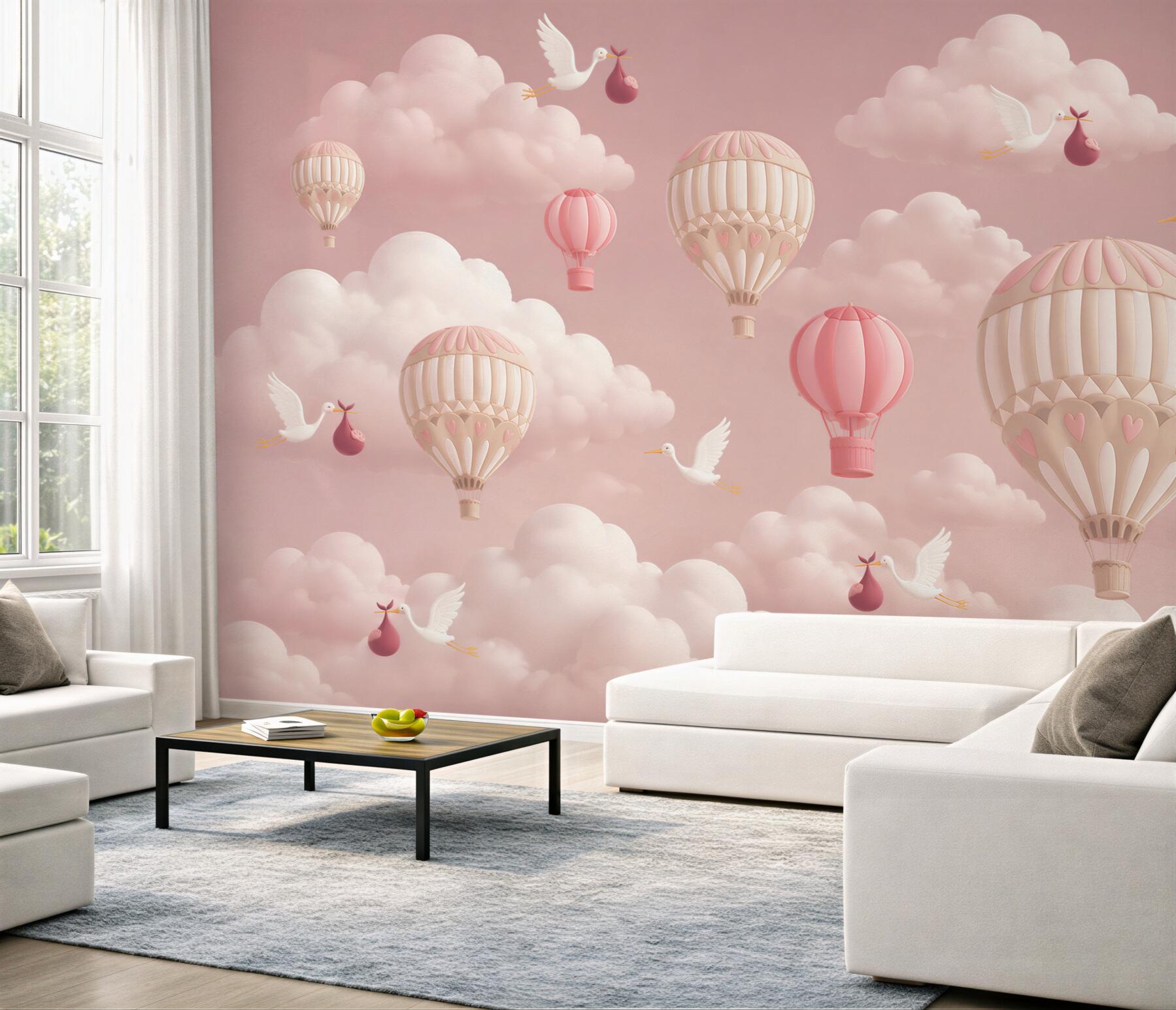 Fototapeta Bociany niosą dzieci wśród balonów?v23
