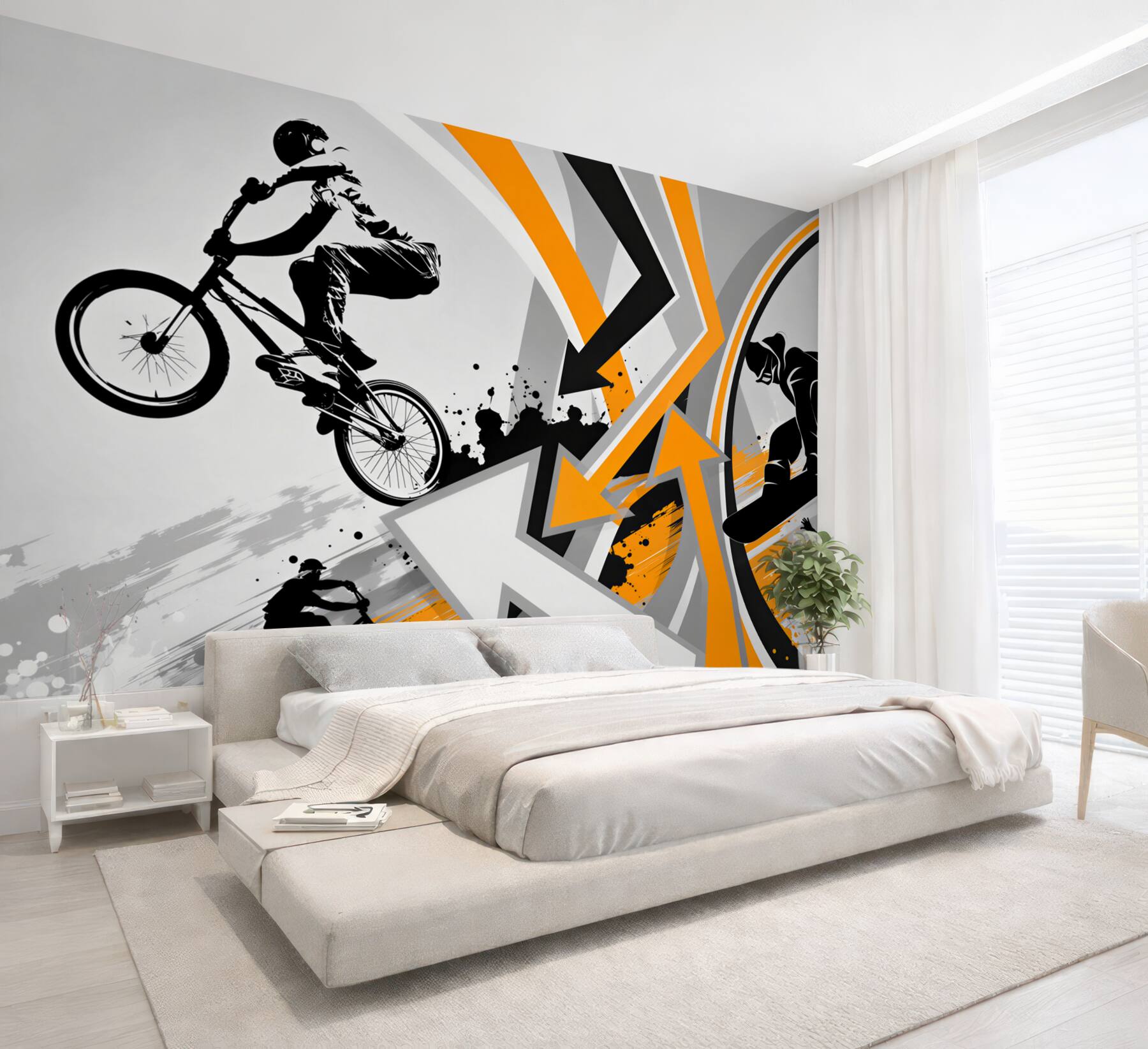 Fototapeta Chłopcy jeżdżą na rowerach i deskorolkach?v23