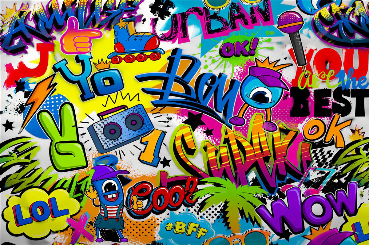 Fototapeta graffiti pastelowe z rolką i boomboxem do pokoju młodzieżowego