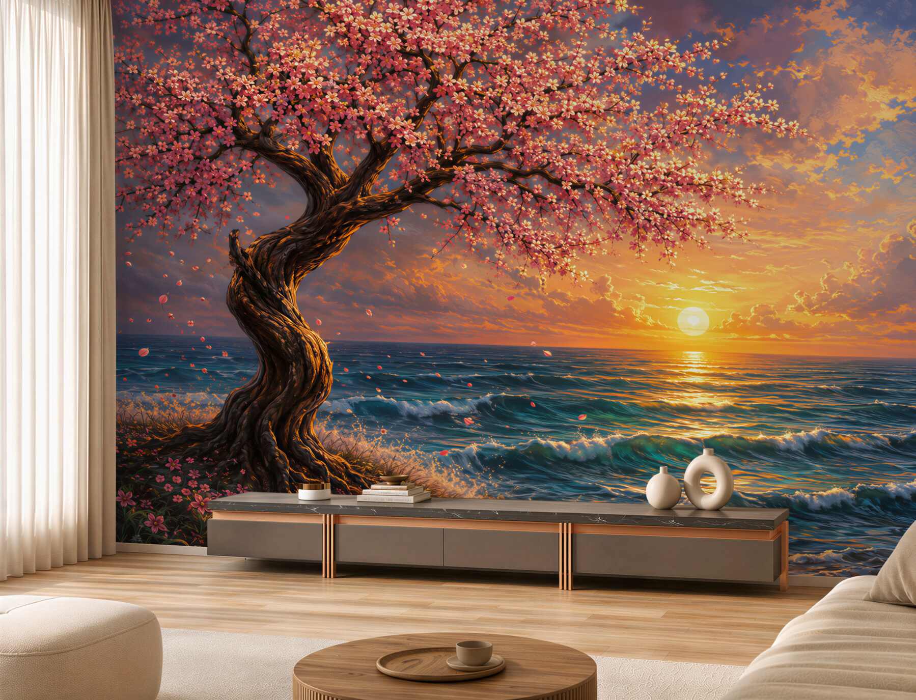 Fototapeta drzewo sakura nad morzem o zachodzie słońca