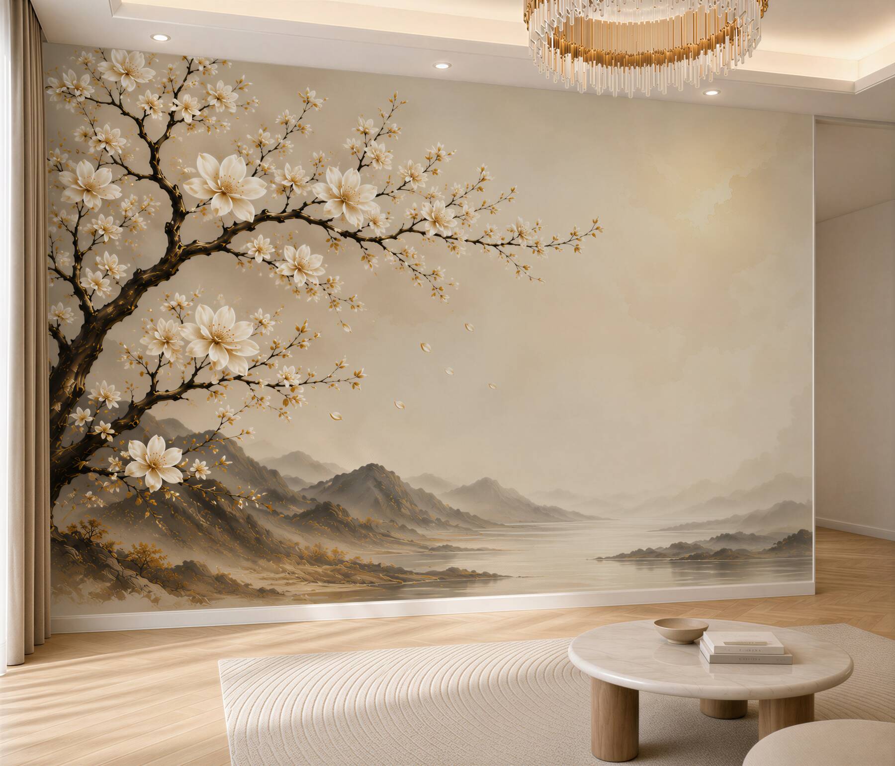 Fototapeta kwitnąca magnolia z pejzażem