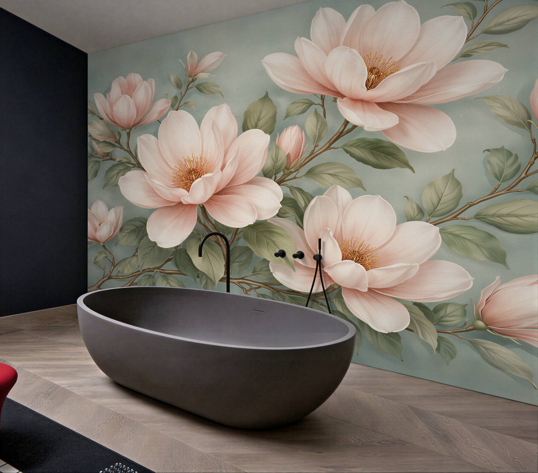 Fototapeta pudrowe magnolie na turkusowym tle