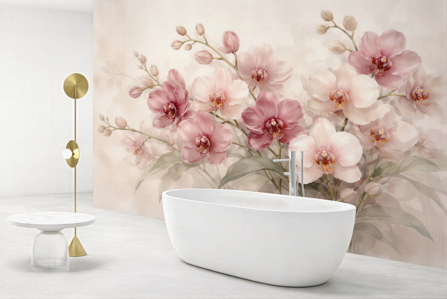 Fototapeta pudrowe orchidee w świetlistej kompozycji