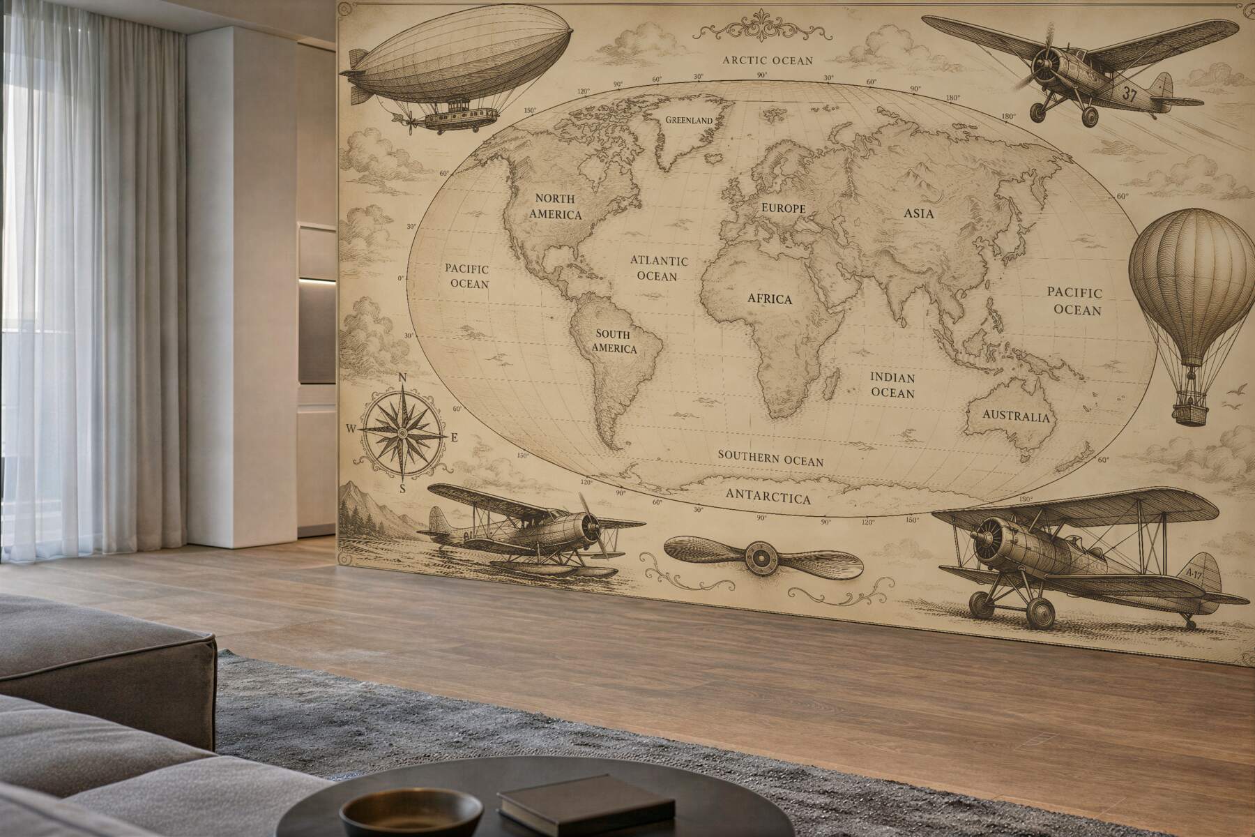 Fototapeta retro mapa świata z samolotami