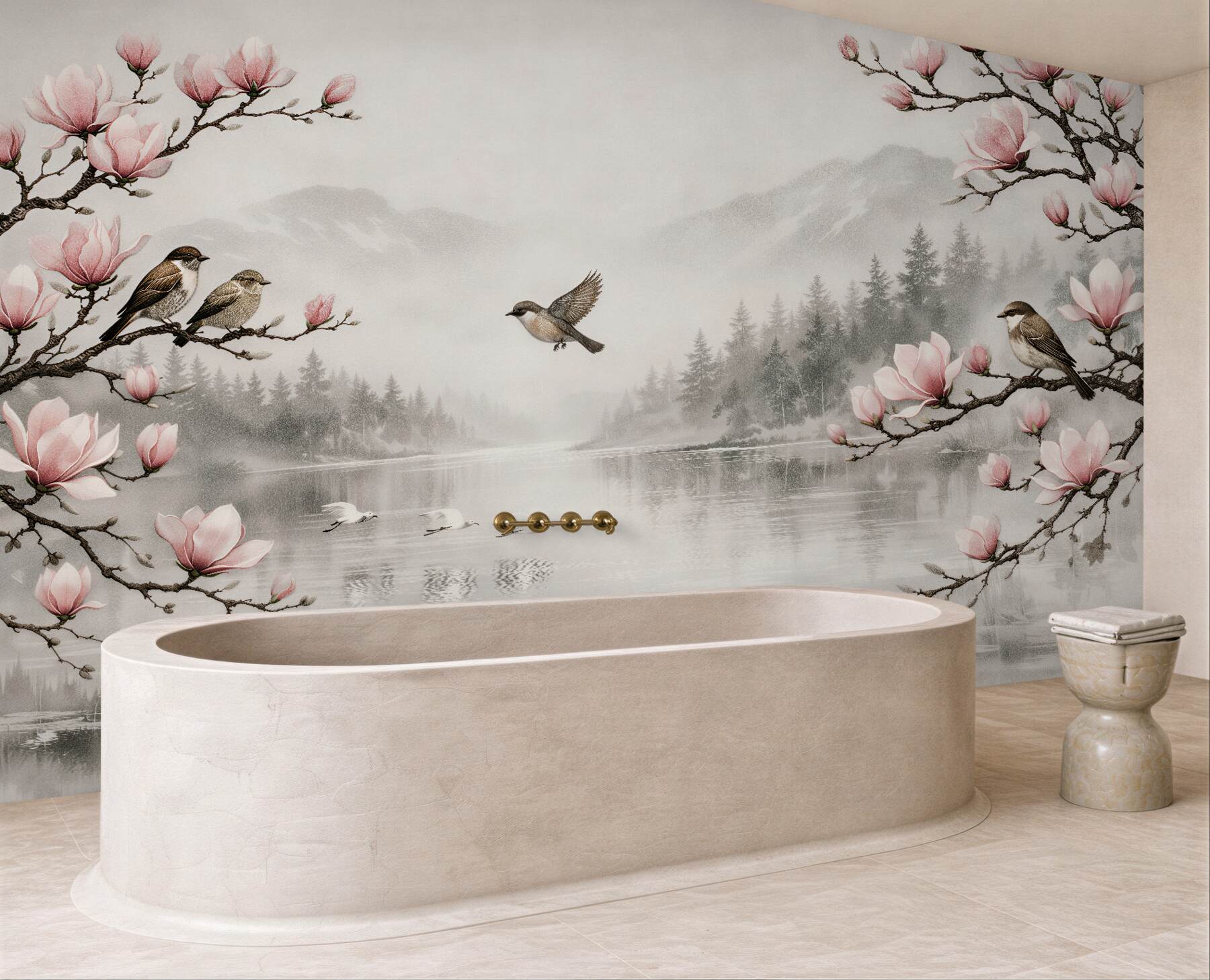 Fototapeta magnolie nad mglistym jeziorem?v23